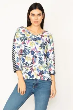 V-NECKED BLOUSE WITH STRIPED AND FLORAL PATTERNS