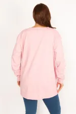 Kadın Pembe İçi Şardonlu Pamuklu Kumaş Etek Ucu İki Yan Fermuar Yırtmaçlı Kol Baskılı Sweatshirt