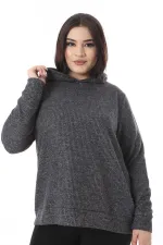 Kadın Büyük Beden Antrasit Yün Viskon Kumaş Kapşonlu Sweatshirt 65N38520