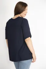 Kadın Lacivert Büyük Beden Önü İki Katlı Kısa Kollu Likralı Bluz