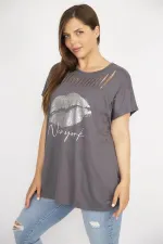 Kadın Füme Büyük Beden Lazer Kesim Ve Lak Baskı Detaylı Düşük Kollu Rahat Kesim Bluz