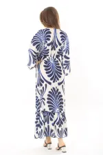 Kadın Büyük Beden Mavi Yakası Taş Detaylı Etek Ucu Katlı Krep Elbise 65N37907