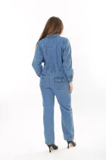 Kadın Büyük Beden Mavi Ön Düğmeli Bel Kısmı Lastik Detaylı Göğüs Ve Arka Cepli Kot Tulum 65N37574