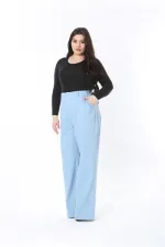 Kadın Büyük Beden Mavi Yüksek Bel Kargo Cepli Geniş Paçalı Kot Pantolon 65N38896