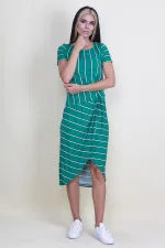 ÇİZGİ KOMBİNLİ BEL DETAYLI ETEK KISMI ANVELOP KESİM ELBİSE