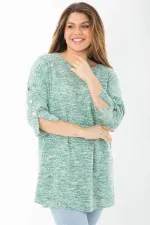 Kadın Büyük Beden Yeşil Kolları Süs Metal Düğmeli Kırçıllı Kalın Tunik 65N37403