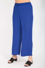 Kadın Saks Krep Şifon Kumaş Astarsız Beli Lastikli Pantolon 65N35555
