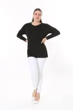 Kadın Büyük Beden Siyah Taş Ve Arka Robası Dantel Detaylı Uzun Kollu Bluz 65N37694