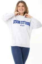 Women's Plus Size Gray Inside Raised 3 Thread Embroidery Detailed Hooded Sweatshirt 65N37126