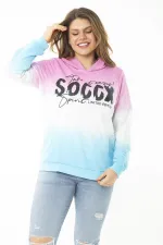 Kadın Büyük Beden Renkli İki İplik Sim Ve Ön Baskı Detaylı Kapşonlu Sweatshirt 65N37162