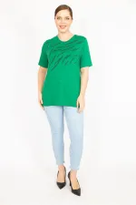 Kadın Saks Büyük Beden Bisiklet Yakalı Ön Baskılı Bluz