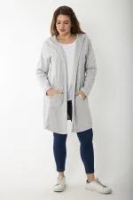 Kadın Büyük Beden Gri Kup Ve Vep Detaylı Kapşonlu Hırka 65N37183