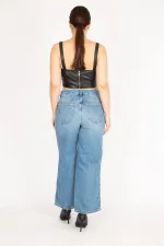 Kadın Mavi Büyük Beden Yan Şeritli 5 Cep Kot Pantolon