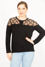 Kadın Siyah Büyük Beden Dantel Garnili Bluz