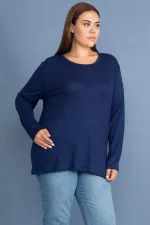 Kadın Büyük Beden Lacivert Pamuklu Kumaş Bisiklet Yakalı Uzun Kollu Bluz 65N37715