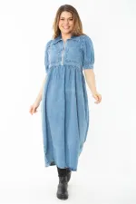Kadın Büyük Beden Mavi Ön Pat Fermuarlı Kot Elbise 65N37377