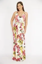 Kadın Büyük Beden Renkli Sırt Dekolteli Anvelop Yakalı Uzun Elbise 65N37264