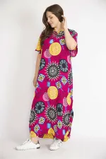 Kadın Fujya Büyük Beden Dokuma Viskon Kumaş Yaka Ve Yırtmacı Bağcık Detaylı Uzun Elbise