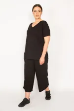 Kadın Fujya Kaşkorse Örme Beli Lastikli Geniş Paçalı Pantolon V Yakalı Bluz Takım 65N32939