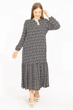 Kadın Siyah Dokuma Viskon Kumaş Etek Ucu Katlı Uzun Kollu Elbise 65N35511