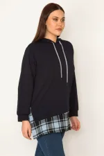 Kadın Kemik Kapşonlu Etek Ucu Ekose Garnili Sweatshirt 65N31947