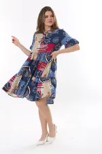 Kadın Büyük Beden Mavi Dokuma Viskon Kumaş Kısa Kollu Katlı Elbise 65N37762