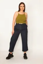 KADIN LACİVERT KLASİK KESİM YAN CEPLİ GENEİŞ PAÇALI BİLEK BOY KOT PANTOLON