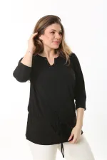 Kadın Büyük Beden Siyah Yakası Taş Detaylı Ön Bağcıklı Tunik 65N37537