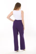 Kadın Büyük Beden Mor Yan Cepli Beli Kuşaklı Likralı Klasik Pantolon 65N37568