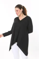 Kadın Büyük Beden Antrasit Yaka Ve Etek Ucu Saten Garnili Uzun Kollu Bluz 65N37686