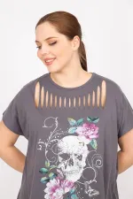 Kadın Füme Büyük Beden Yakası Lazer Kesim Baskı Detaylı Bluz