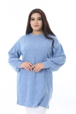 Kadın Büyük Beden Mavi Kendinden Çizgili Uzun Tunik 65N38532