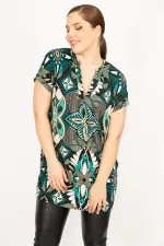 Kadın Yeşil Büyük Beden V Yaka Yan Cepli Düşük Kollu Tunik