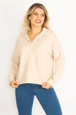 Women's Beige Hooded Side Slit Lycra Sweatshirt 65N34750