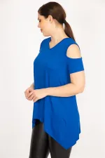 Kadın Saks Büyük Beden Omuz Dekolteli Asimetrik Kesim Viskon Bluz