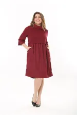 Kadın Büyük Beden Bordo Yaka Kol Ağzı Ve Etek Kısmı Tafta Kumaş Elbise 65N37545