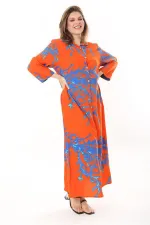 Kadın Büyük Beden Mavi Ön Boy Düğmeli Gömlek Yakalı Uzun Elbise 65N37875