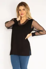 Kadın Mürdüm Yaka Ve Kolları Simli Tül Bluz 65N35185