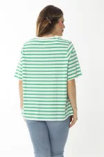 Kadın Büyük Beden Yeşil Bisiklet Yakalı Çizgili Bluz 65N37022