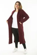 Kadın Büyük Beden Bordo Yırtmaçlı Kalın Triko Uzun Hırka 65N37131