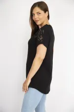 Kadın Beyaz Büyük Beden Pamuk Kumaş Robası Tül Aplike Uzun Bluz