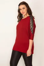 KADIN BORDO PAYET DETAYLI V YAKA KAPRİ KOL VİSKON BLUZ