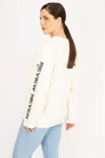 Kadın Bej Büyük Beden Kol Baskılı Sweatshirt