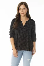 Kadın Büyük Beden Siyah Puan Desenli V Yaka Patı Düğmeli Kapri Kollu Bluz 65N36958