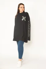 Kadın Siyah Büyük Beden Pamuklu Kumaş Taş Detaylı Tunik 65N35776