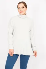 Kadın Gri Büyük Beden Boğazlı Yaka Yumoş Kumaş Kendinden Çizgili Tunik