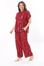 Kadın Büyük Beden Bordo Ön Düğmeli Bluz Beli Lastikli Panyolon İkili Takım 65N37971