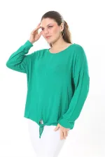 Kadın Büyük Beden Saks Önden Bağlamalı Uzun Kollu Bluz 65N37695