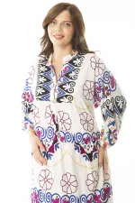 Kadın Büyük Beden Saks Dokuma Viskon Kumaş Ön Yarım Düğmeli Uzun Kollu Elbise 65N36886