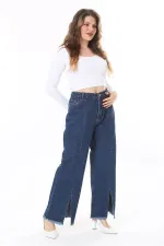 Kadın Büyük Beden Lacivert Yıkama Efektli Kup Ve Yırtmaç Detaylı Kot Pantolon 65N38077